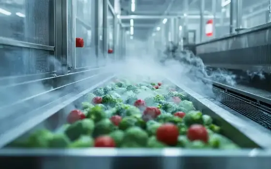 Groenten op een lopende band in een voedselverwerkende fabriek